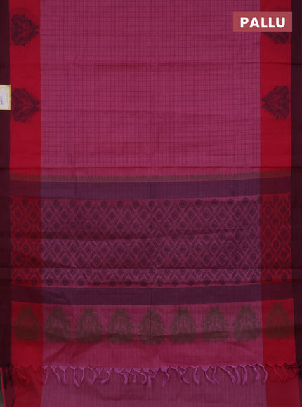Nithyam cotton saree pink shade and pink with allover checked pattern and thread woven border