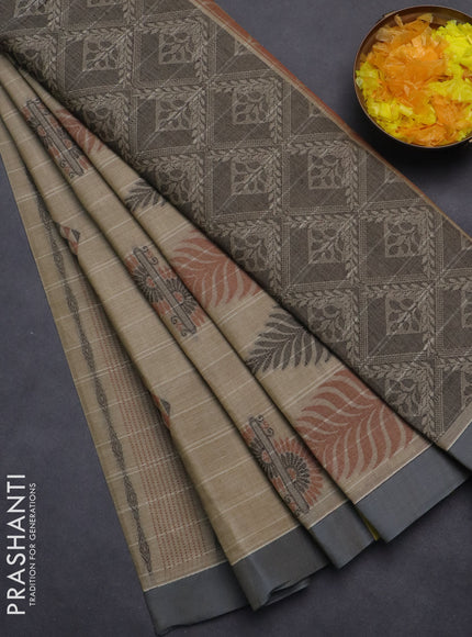 Nithyam cotton saree beige and grey with thread woven buttas and simple border