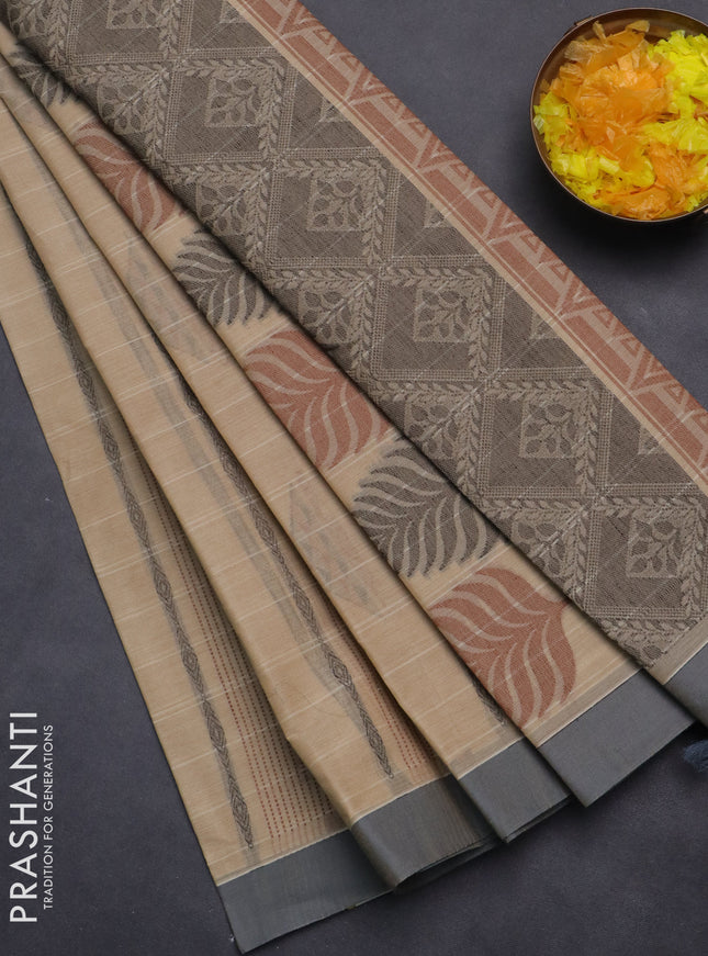 Nithyam cotton saree beige and grey with thread woven buttas and simple border