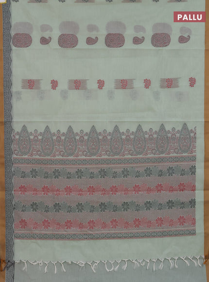 Nithyam cotton saree pastel green and dark mustard with allover checked pattern & zari buttas in borderless style