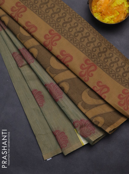 Nithyam cotton saree elaichi green with thread woven buttas in borderless style