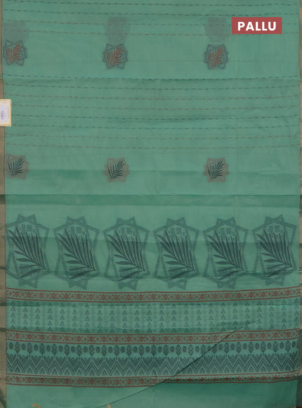 Nithyam cotton saree teal green with allover thread weaves and zari woven border