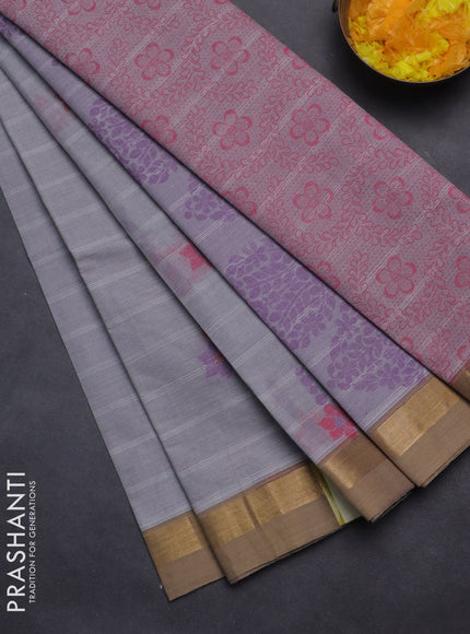Nithyam cotton saree grey and beige with thread woven buttas and zari woven border