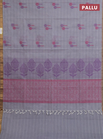 Nithyam cotton saree grey and beige with thread woven buttas and zari woven border