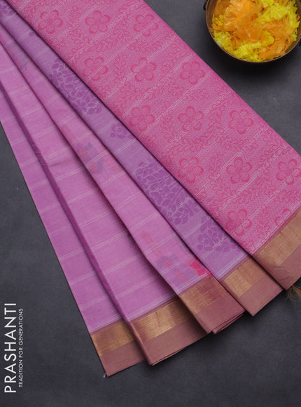 Nithyam cotton saree light pink and beige with thread woven buttas and zari woven border