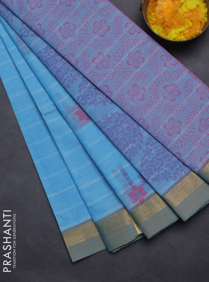 Nithyam cotton saree cs blue with thread woven buttas and zari woven border