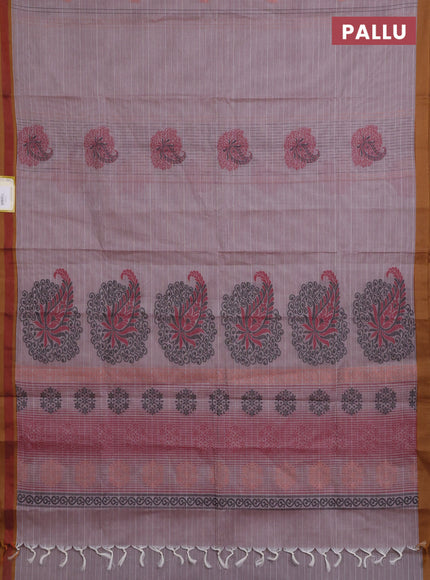 Nithyam cotton saree pastel brown and dark mustard with thread woven buttas and copper zari woven border