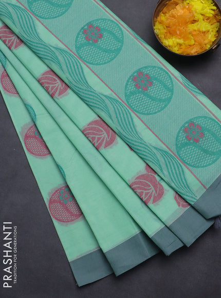 Nithyam cotton saree teal green and grey with thread woven buttas and simple border