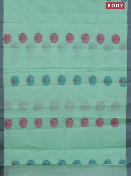 Nithyam cotton saree teal green and grey with thread woven buttas and simple border