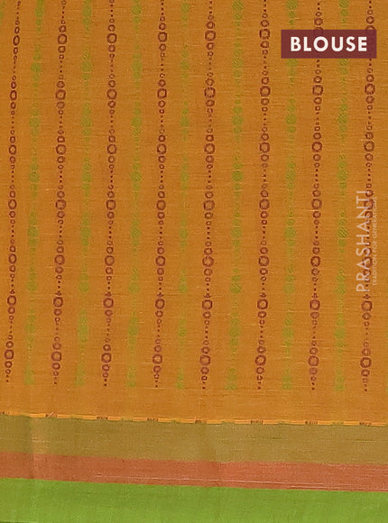 Nithyam cotton saree dark mustard and green with allover self emboss & thread woven buttas and simple border