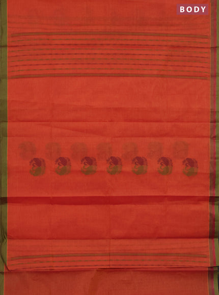 Nithyam cotton saree dual shade of orange and green with allover self emboss & thread woven buttas and simple border