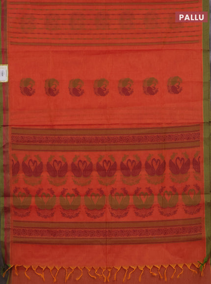 Nithyam cotton saree dual shade of orange and green with allover self emboss & thread woven buttas and simple border