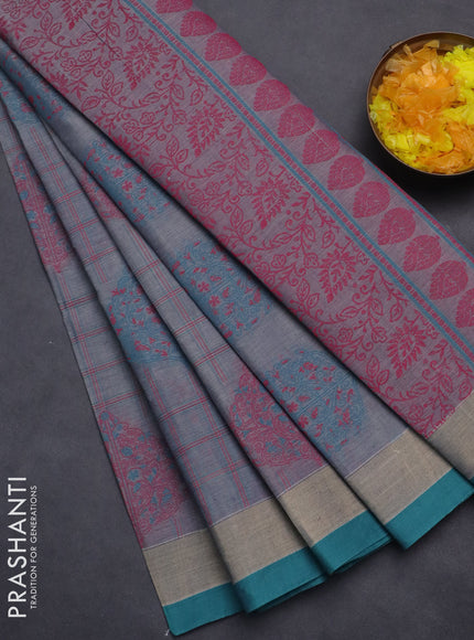 Nithyam cotton saree dual shade of grey and teal green with allover thread checked pattern and zari woven border