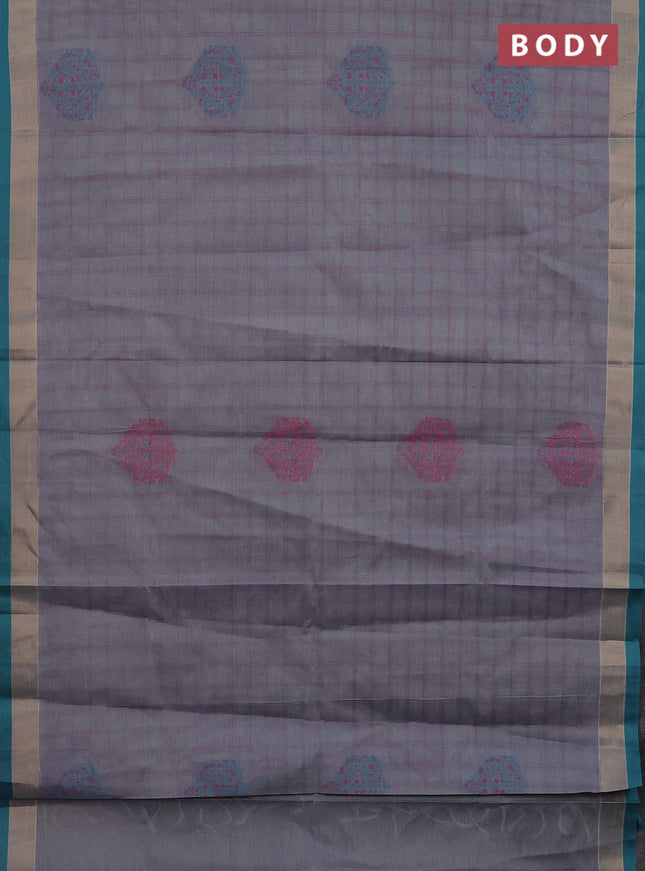 Nithyam cotton saree dual shade of grey and teal green with allover thread checked pattern and zari woven border