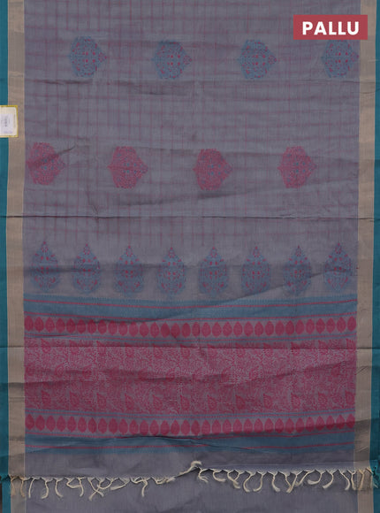 Nithyam cotton saree dual shade of grey and teal green with allover thread checked pattern and zari woven border