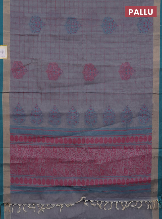 Nithyam cotton saree dual shade of grey and teal green with allover thread checked pattern and zari woven border