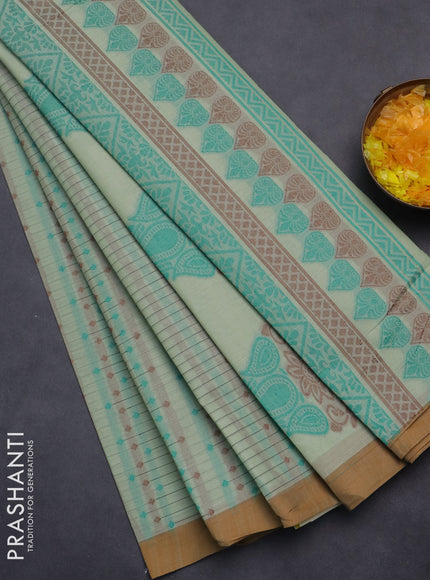 Nithyam cotton saree pista green and dark mustard with thread woven buttas and simple border