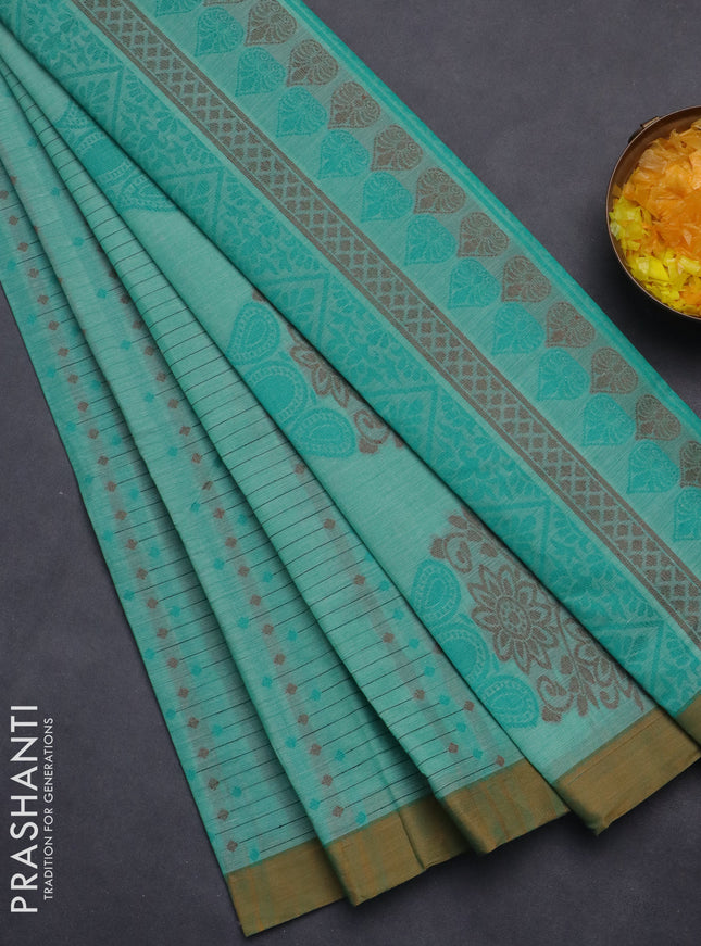 Nithyam cotton saree teal green and dark mustard with thread woven buttas and simple border