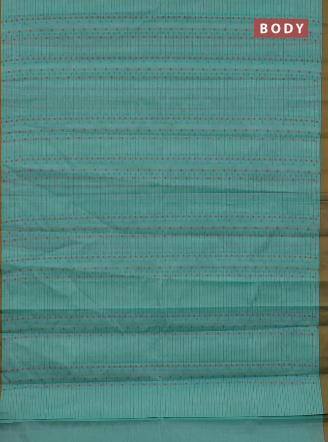 Nithyam cotton saree teal green and dark mustard with thread woven buttas and simple border