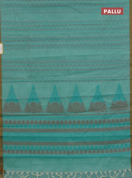 Nithyam cotton saree teal green and dark mustard with thread woven buttas and simple border