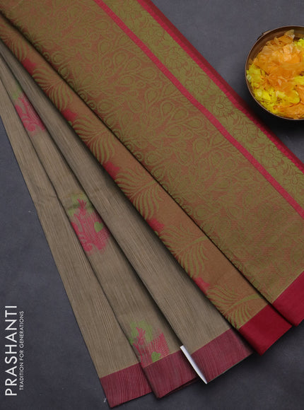 Nithyam cotton saree beige and maroon with thread woven buttas and simple border