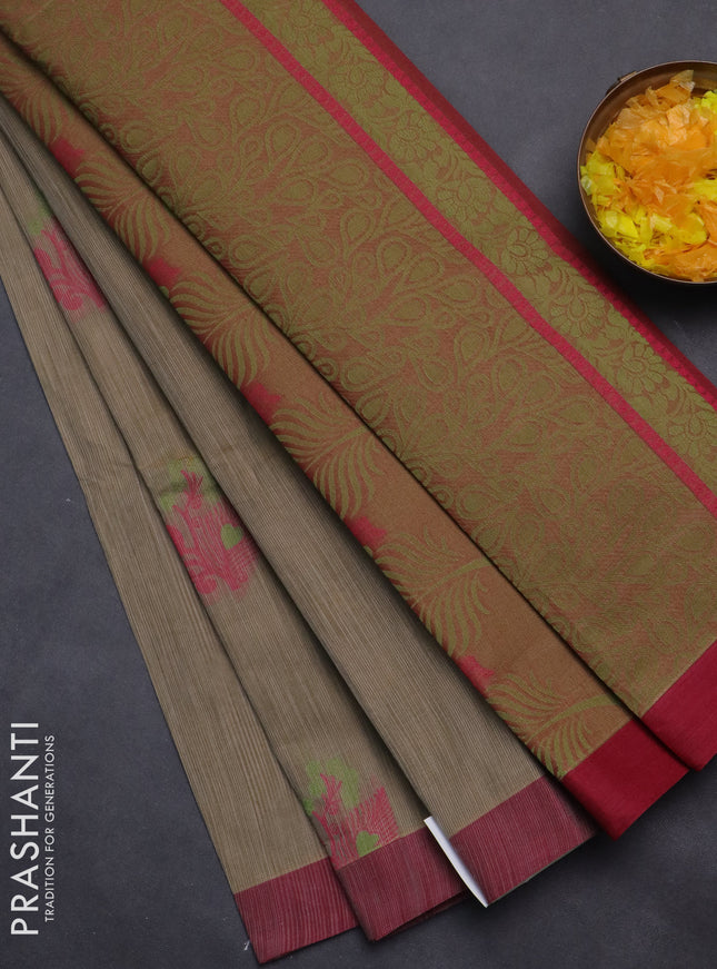 Nithyam cotton saree beige and maroon with thread woven buttas and simple border