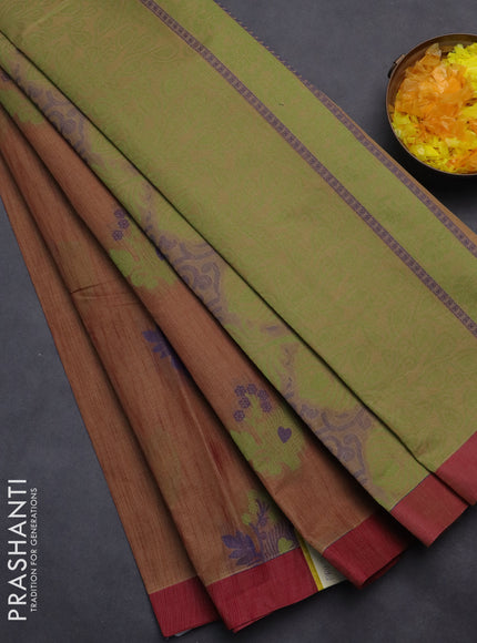 Nithyam cotton saree dark sandal and maroon with thread woven buttas and simple border