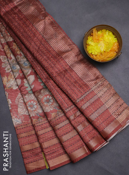 Semi tussar saree rust shade with allover kalamkari prints and kantha stitch work border