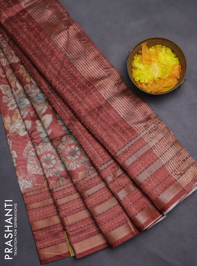 Semi tussar saree rust shade with allover kalamkari prints and kantha stitch work border