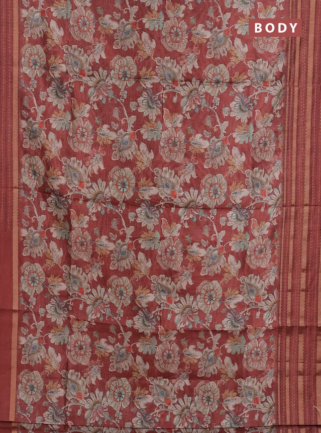 Semi tussar saree rust shade with allover kalamkari prints and kantha stitch work border