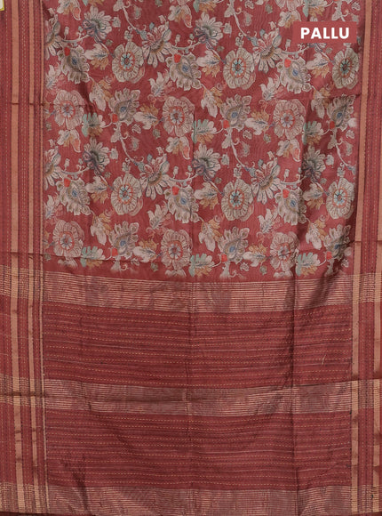 Semi tussar saree rust shade with allover kalamkari prints and kantha stitch work border