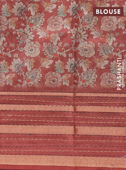 Semi tussar saree rust shade with allover kalamkari prints and kantha stitch work border