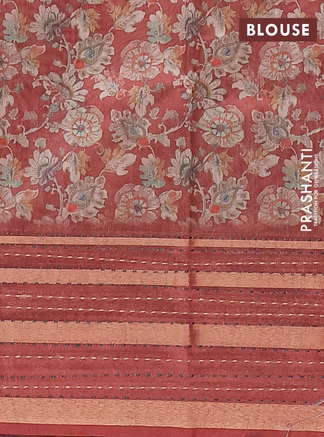 Semi tussar saree rust shade with allover kalamkari prints and kantha stitch work border