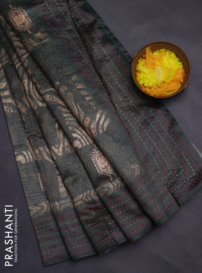 Semi tussar saree greyish green with allover prints and kantha stitch work border