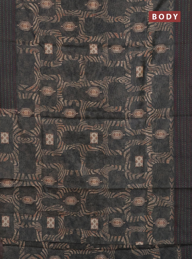 Semi tussar saree greyish green with allover prints and kantha stitch work border