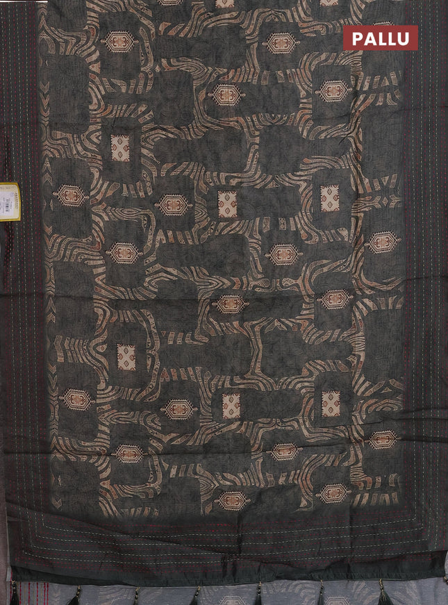 Semi tussar saree greyish green with allover prints and kantha stitch work border