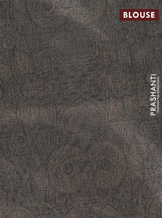 Semi tussar saree greyish green with allover prints and kantha stitch work border