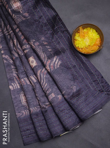 Semi tussar saree grey with allover prints and kantha stitch work border