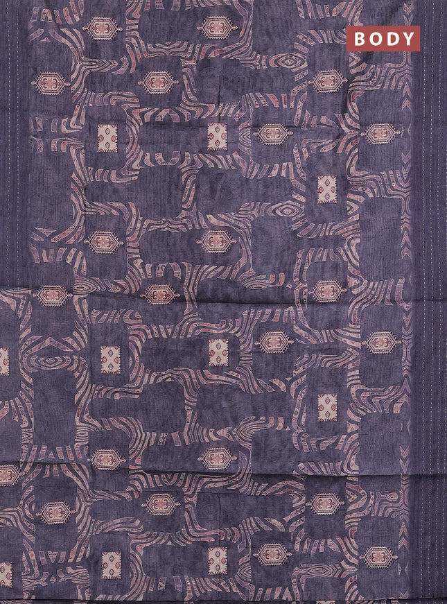 Semi tussar saree grey with allover prints and kantha stitch work border