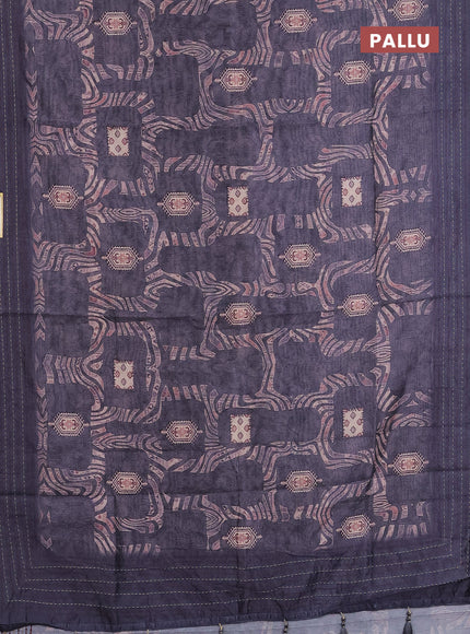 Semi tussar saree grey with allover prints and kantha stitch work border