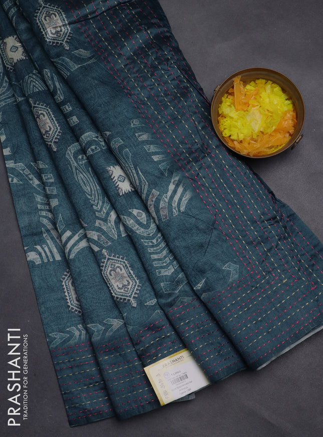 Semi tussar saree peacock blue with allover prints and kantha stitch work border