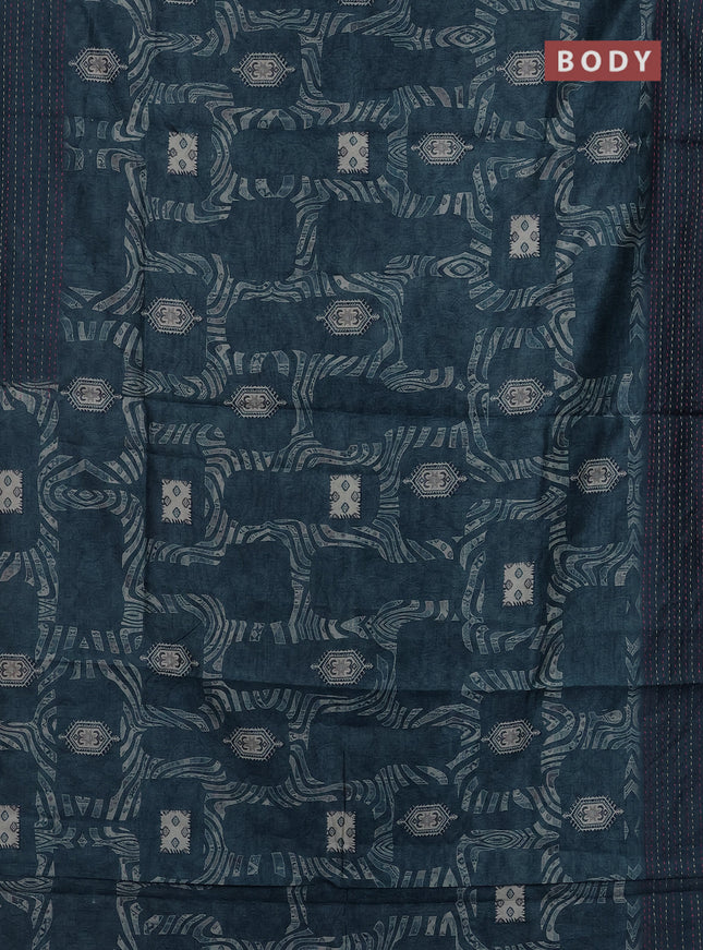 Semi tussar saree peacock blue with allover prints and kantha stitch work border