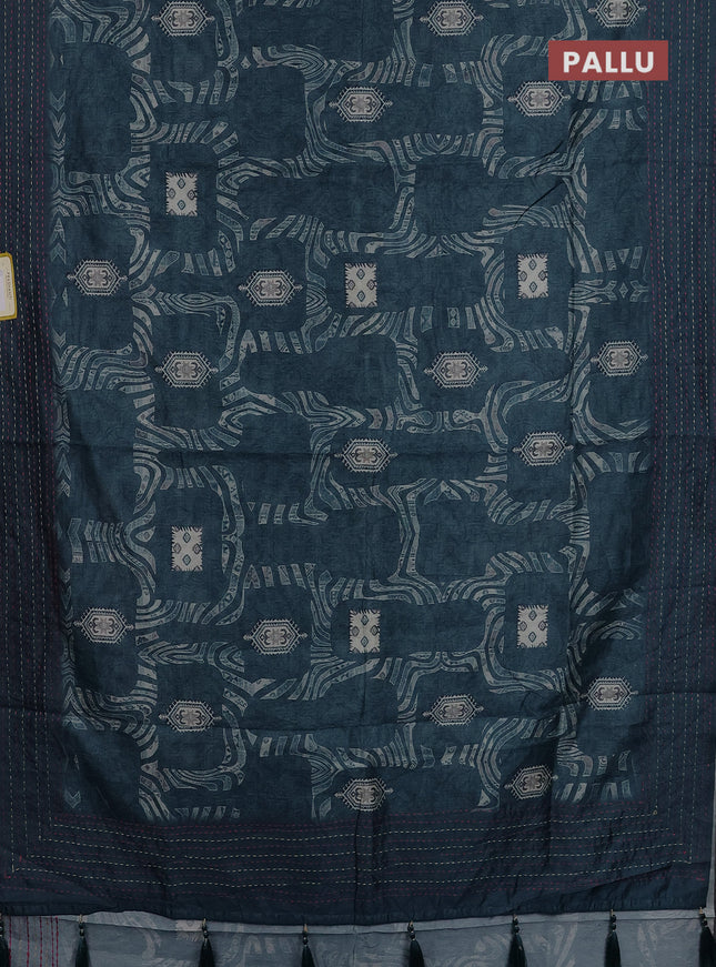 Semi tussar saree peacock blue with allover prints and kantha stitch work border