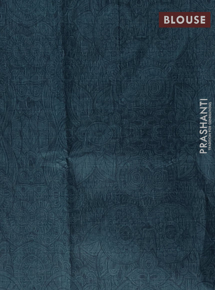Semi tussar saree peacock blue with allover prints and kantha stitch work border