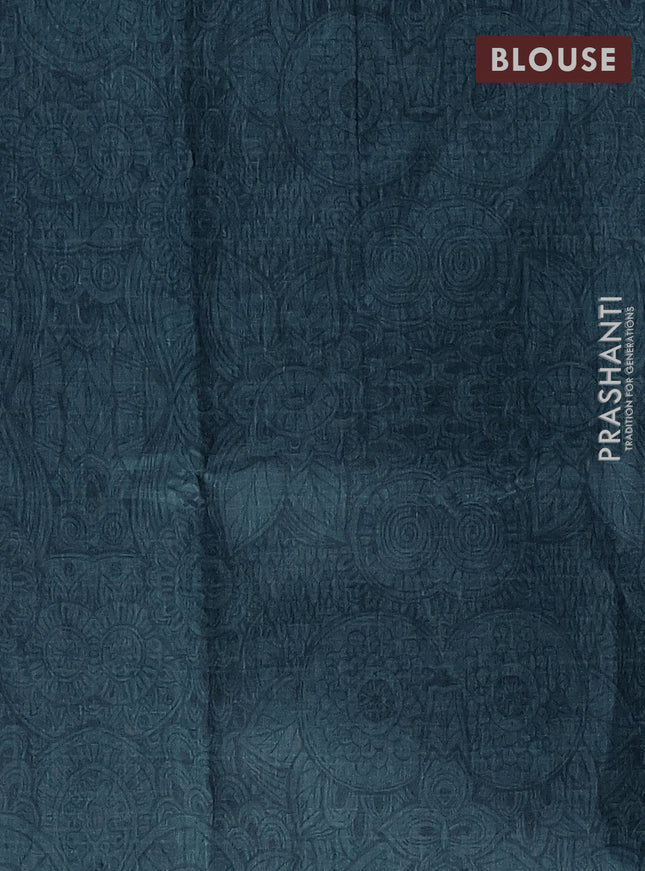 Semi tussar saree peacock blue with allover prints and kantha stitch work border