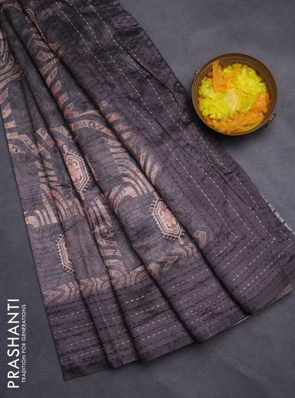 Semi tussar saree greyis brown with allover prints and kantha stitch work border