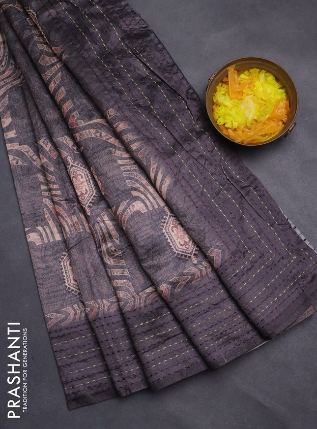 Semi tussar saree greyis brown with allover prints and kantha stitch work border