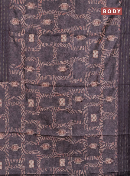 Semi tussar saree greyis brown with allover prints and kantha stitch work border