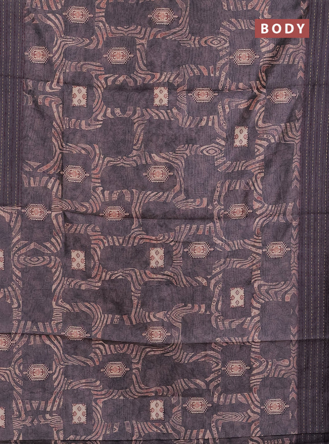 Semi tussar saree greyis brown with allover prints and kantha stitch work border