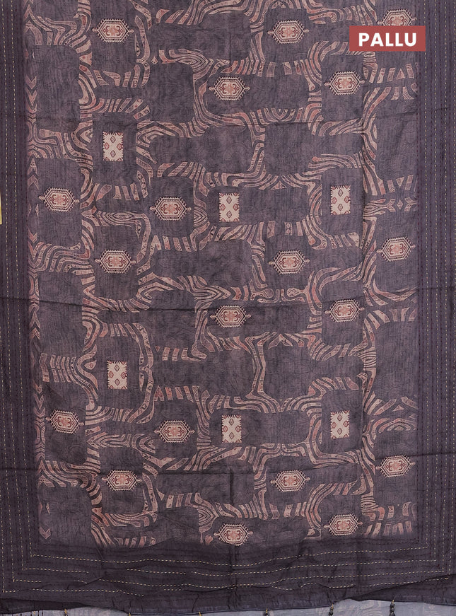 Semi tussar saree greyis brown with allover prints and kantha stitch work border